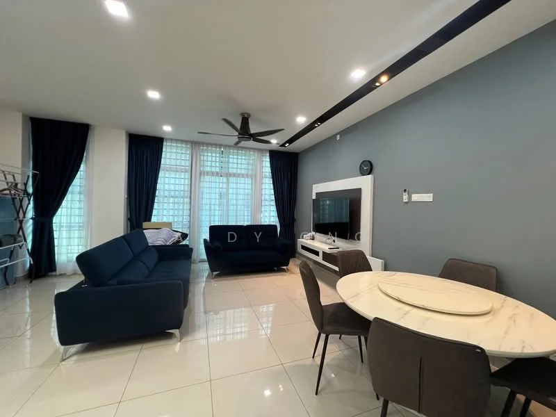 Living features: 3-seater fabric sofa in navy blue, 2-seater fabric sofa in navy blue, round marble dining table, 4 upholstered dining chairs, wall-mounted TV, white TV console, ceiling fan with light, large windows with sheer curtains, glossy tile flooring, accent wall in light blue, recessed downlights; style: modern.