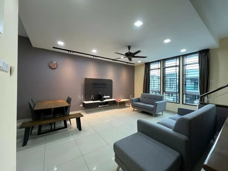 Living features: grey accent wall, white painted walls, glossy tile flooring, 5-blade ceiling fan with light, recessed LED downlights, wall-mounted TV, black TV console, wooden dining table with bench seating, 2-seater fabric sofa in grey, 3-seater fabric sofa in grey, large windows with sheer curtains; style: modern.