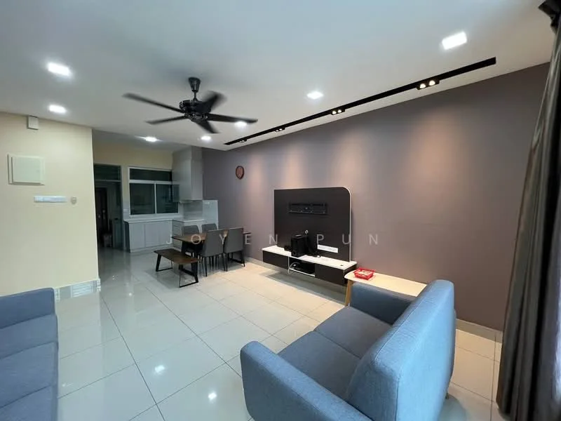 Living features: grey accent wall, white painted walls, glossy tile flooring, 5-blade ceiling fan with light, recessed LED downlights, wall-mounted TV, TV console, 2-seater fabric sofa in grey, coffee table, dining table with chairs, open layout, large windows for natural light; style: modern.