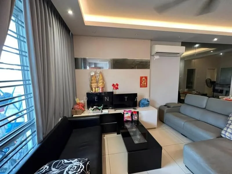 Living features: grey leather sectional sofa, black fabric sofa with floral pattern, coffee table with glass top, wall-mounted TV, TV console, recessed ceiling lights, ceiling fan, curtains, white tiled flooring, decorative wall art, air conditioning unit; style: modern.