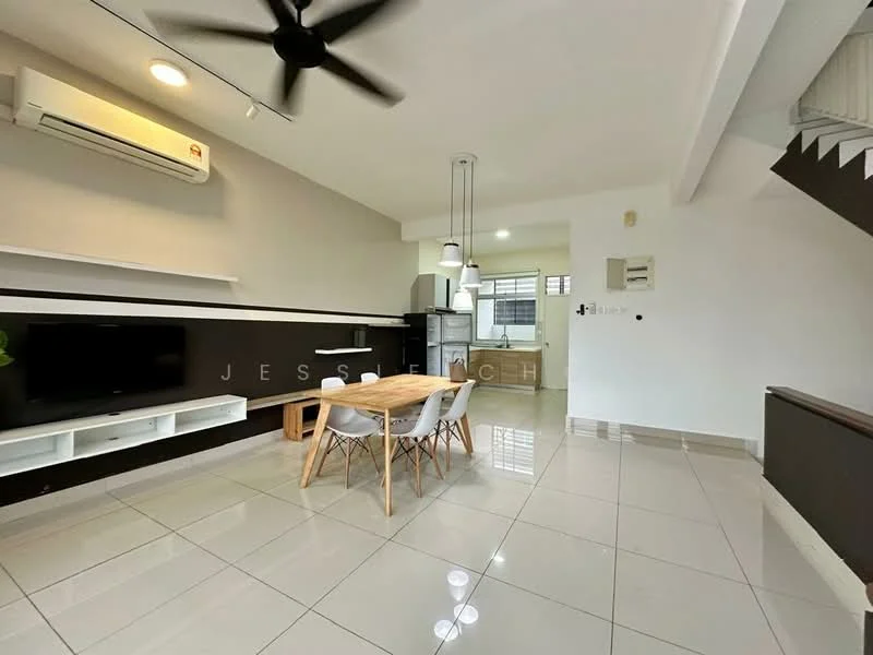 Living features: white painted walls, polished ceramic tile flooring, 5-blade ceiling fan with light, wall-mounted air conditioning unit, TV console with storage, dining table with wooden top, 4 upholstered dining chairs, recessed downlights, open layout to kitchen, staircase visible in background; style: modern. Kitchen features: white cabinetry, stainless-steel fridge, sink with countertop, window for natural light; style: modern.