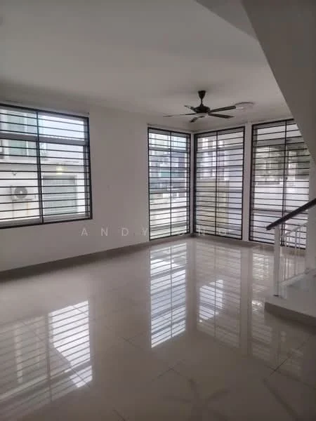 Living features: white painted walls, glossy tile flooring, 5-blade ceiling fan, floor-to-ceiling windows, horizontal window blinds, natural light, open layout, staircase visible; style: modern.