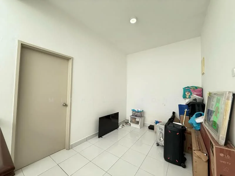 Room features: white painted walls, white ceiling, recessed downlights, tile flooring, floor-mounted TV, various boxes and bags, cleaning supplies, minimal furniture; style: minimalist.