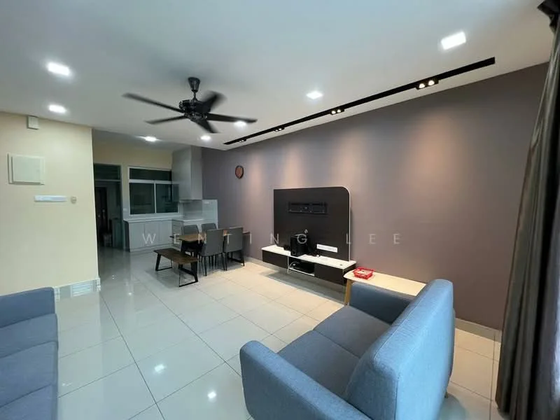 Living features: grey accent wall, white painted walls, recessed downlights, 5-blade ceiling fan with light, floor-to-ceiling windows, sliding glass door, light-coloured tiled flooring, TV console, wall-mounted TV, sofa in light grey, dining table with chairs, decorative wall clock; style: modern.