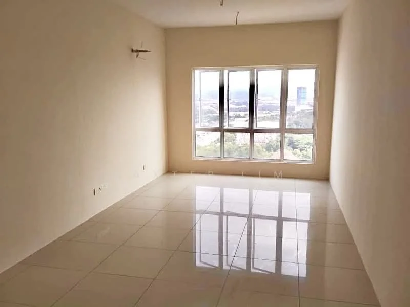 Room features: white painted walls, glossy ceramic tile flooring, floor-to-ceiling windows, city view, no visible furniture, neutral color scheme, high ceiling, natural light; style: modern; view: city.