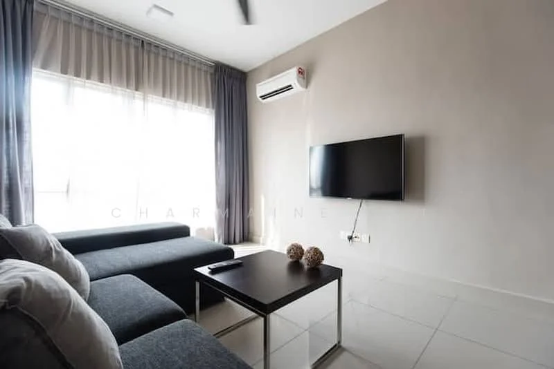 Living features: grey fabric sectional sofa, black coffee table, wall-mounted flat-screen TV, floor-to-ceiling windows, sheer curtains, 1 wall-mounted split AC, white painted walls, glossy tile flooring, recessed downlights, decorative items on table; style: modern; view: city.
