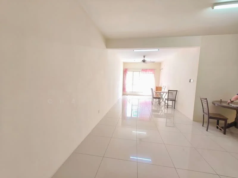 Living features: white painted walls, glossy ceramic tile flooring, ceiling fan, large window with sheer curtains, dining table with chairs, additional table with chairs, natural light from window, neutral color scheme; style: modern.