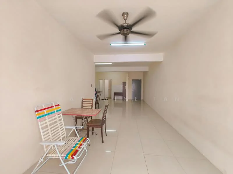Room features: white painted walls, glossy tile flooring, 5-blade ceiling fan, dining table with chairs, foldable lounge chair, open layout, natural light from windows, neutral color scheme; style: modern.