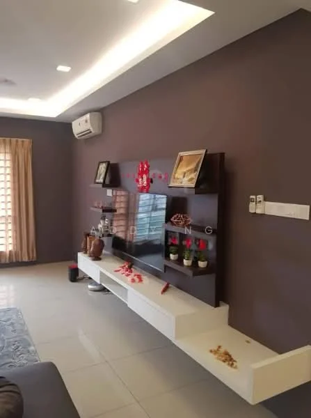 Living features: grey painted walls, white ceiling with recessed lighting, wall-mounted TV, floating TV console in white, decorative wall shelves, air conditioning unit, curtains on windows, tile flooring, decorative items on shelves, area rug; style: modern.