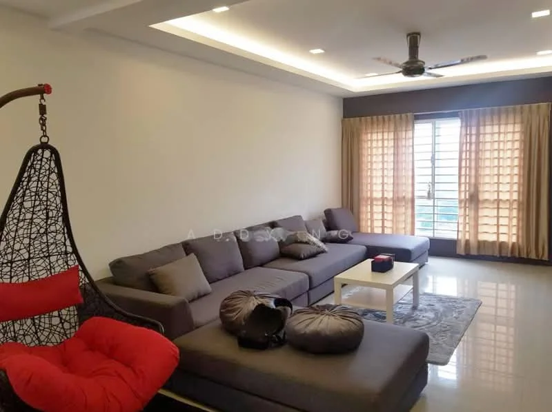 Living features: L-shape sectional sofa in grey, red accent chair, coffee table, area rug with geometric pattern, floor-to-ceiling windows, sheer curtains, ceiling fan with light, recessed downlights, polished tile flooring, decorative wall, wall-mounted TV, decorative cushions; style: modern; view: city.