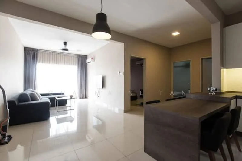 Living features: grey fabric sofa, coffee table, floor-to-ceiling windows, curtains, 5-blade ceiling fan, wall-mounted TV, polished ceramic tile flooring, recessed downlights; style: modern; view: city. Dining features: wooden dining table, 4 black upholstered dining chairs, pendant light, open layout to kitchen, polished ceramic tile flooring; style: modern. Kitchen features: kitchen island, stainless-steel sink, countertop with backsplash, built-in cabinets, recessed downlights; style: modern. Room features: neutral wall colors, doorways leading to other rooms.