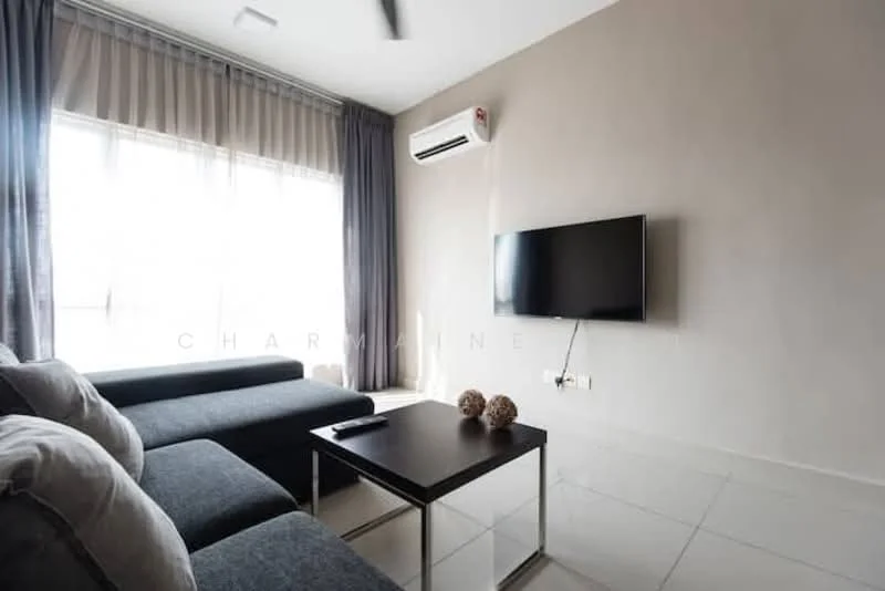 Living features: grey fabric sectional sofa, black coffee table, wall-mounted flat-screen TV, white tiled flooring, floor-to-ceiling windows, sheer curtains, wall-mounted split AC, decorative items on coffee table; style: modern.