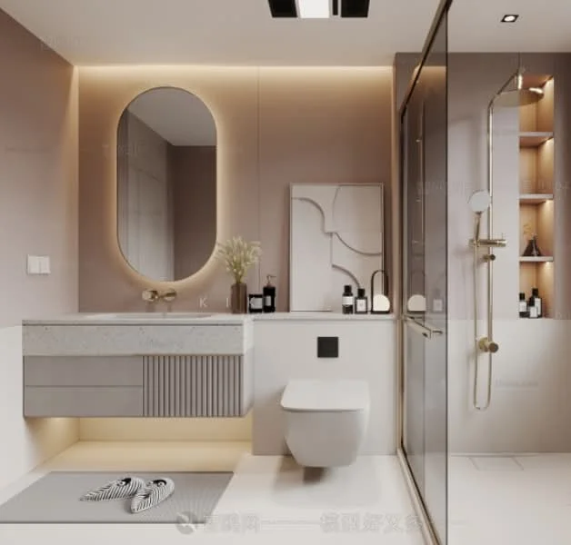Bathroom features: single-sink vanity with concrete countertop, oval mirror, wall-mounted faucet, built-in shower with glass enclosure, handheld shower, wall-mounted toilet, recessed lighting, shelf with decorative items, neutral wall color, tile flooring, backlit mirror; style: modern.