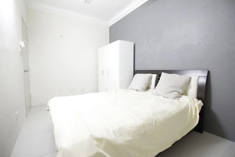 Bedroom features: king-size bed with white bedding, two grey cushions, white wardrobe, grey accent wall, white painted walls, ceiling fan, tile flooring; style: minimalist.