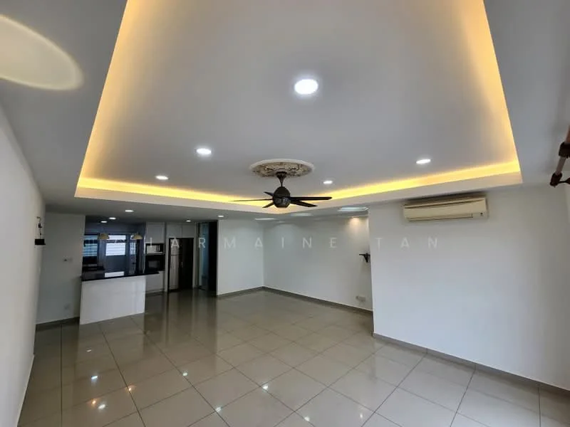 Living features: white painted walls, glossy ceramic tile flooring, tray ceiling with recessed lighting, 5-blade ceiling fan with light, wall-mounted split AC, LED strip lighting, crown moulding, open layout, large windows, neutral color palette; style: modern.