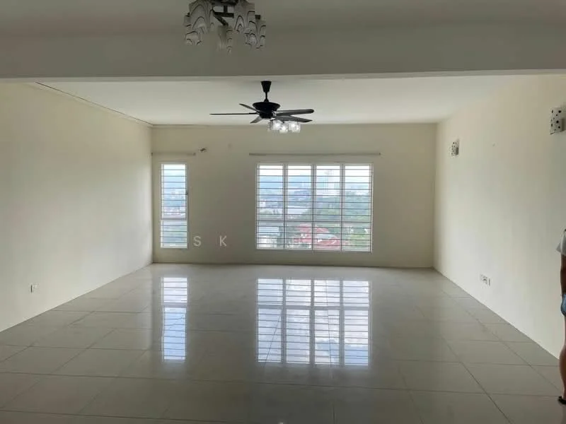Living features: white painted walls, glossy ceramic tile flooring, 5-blade ceiling fan with light, recessed downlights, floor-to-ceiling windows, city view, window treatments, neutral color scheme; style: modern; view: city.