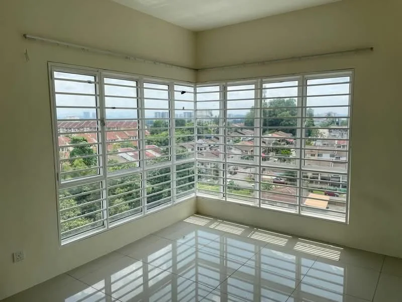 Room features: large floor-to-ceiling windows, white painted walls, glossy tile flooring, corner window layout, city view, natural light, window treatments, neutral color scheme; style: modern; view: city.