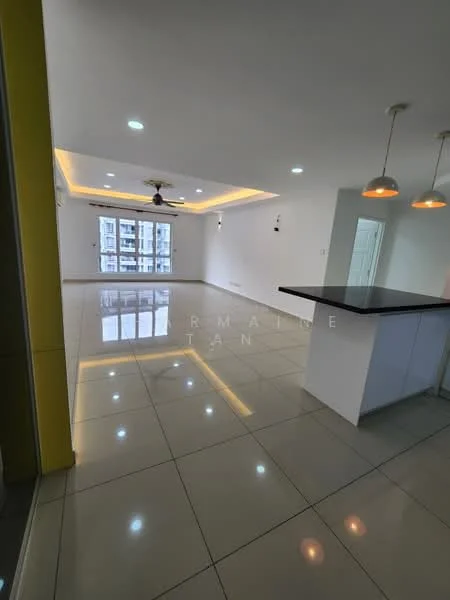 Living features: white painted walls, glossy ceramic tile flooring, recessed downlights, 5-blade ceiling fan, kitchen island with countertop, large windows with city view, open layout, neutral color scheme; style: modern; view: city.