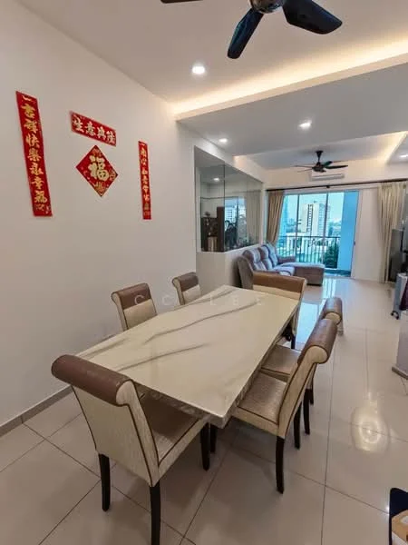 Dining features: 6-seater dining table with marble top, upholstered dining chairs, white painted walls, recessed downlights, ceiling fan, floor-to-ceiling windows with city view, curtains, decorative wall art; style: modern; view: city. Living features: 3-seater fabric sofa, coffee table, TV console, area rug; style: modern; view: city.