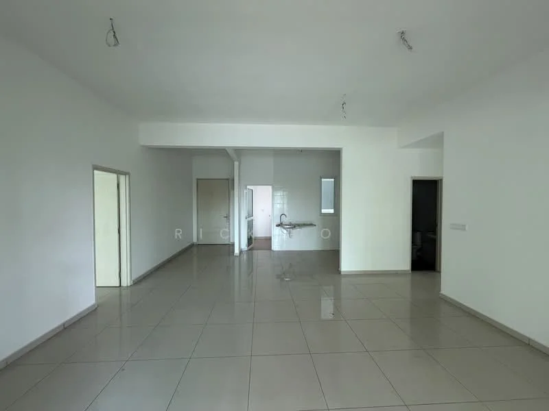 Room features: white painted walls, glossy ceramic tile flooring, recessed downlights, multiple doorways, open layout, neutral color scheme, large windows, no visible furniture; style: modern.