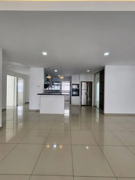 Kitchen features: white painted walls, glossy beige floor tiles, island kitchen with black countertop, stainless-steel fridge, built-in oven, pendant lighting over island, open-plan layout, recessed ceiling lights; style: modern. Living features: glossy beige floor tiles, white painted walls, recessed ceiling lights, open-plan layout; style: modern.