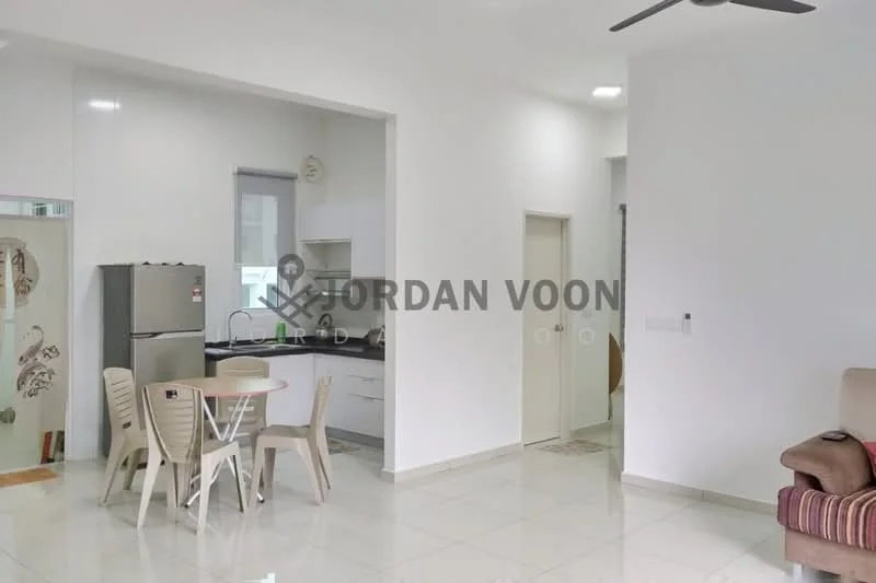 Kitchen features: white painted walls, glossy tile flooring, black countertop, stainless-steel fridge, built-in oven, freestanding range oven, single-bowl stainless-steel sink, chrome pull-down faucet, white cabinetry, dining table with four plastic chairs, recessed downlights, ceiling fan; style: modern. Living features: cream painted walls, glossy tile flooring, sofa, coffee table, ceiling fan; style: modern. Hallway features: white painted walls, glossy tile flooring, doorway leading to other rooms; style: modern.