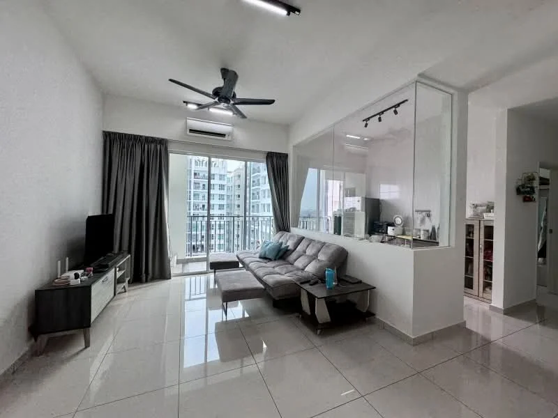 Living features: grey fabric sectional sofa, white coffee table, wall-mounted TV, TV console in white, 5-blade ceiling fan with light, floor-to-ceiling windows, sliding glass door, curtains in dark grey, marble tile flooring, recessed downlights, decorative wall art, open layout to kitchen, balcony view; style: modern; view: city.