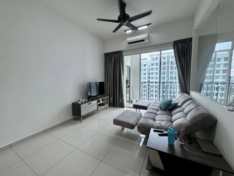Living features: grey fabric sectional sofa, coffee table, TV console, wall-mounted TV, floor-to-ceiling windows, sliding glass door, curtains, ceiling fan with light, white painted walls, glossy tile flooring, air conditioning unit; style: modern; view: city.