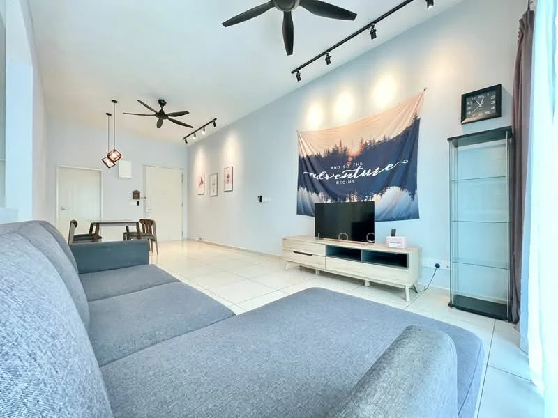 Living features: grey fabric sofa, wall-mounted TV, light wood TV console, white walls, recessed downlights, 5-blade ceiling fan, decorative wall tapestry, large windows with sheer curtains, tile flooring, dining area with wooden dining table and chairs; style: modern.