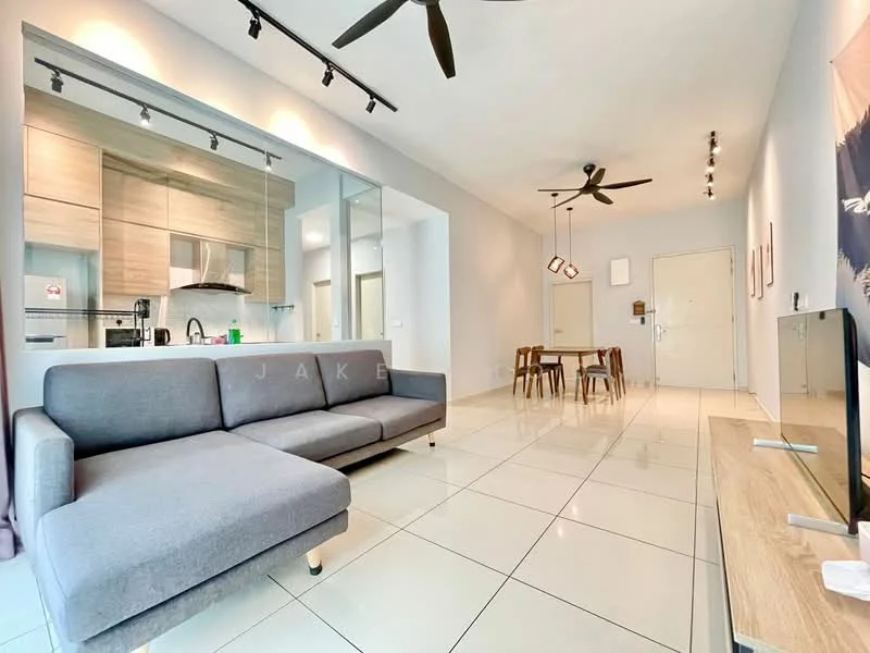 Living features: grey fabric sofa, white walls, polished tile flooring, ceiling fan with light, wall-mounted TV, TV console, dining table with chairs, recessed lighting, open-plan layout to kitchen, large windows, decorative wall art; style: modern. Kitchen features: stainless-steel sink, chrome pull-down faucet, built-in oven, freestanding range oven, microwave, wood cabinetry, countertop with backsplash, refrigerator, open shelving; style: modern.