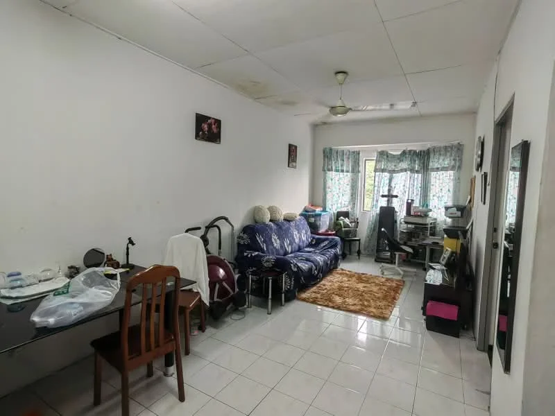 Living features: white painted walls, white tiled flooring, 5-blade ceiling fan, sofa with floral pattern, area rug with geometric pattern, dining table with wooden chairs, exercise equipment, curtains with floral pattern, multiple windows, decorative wall art, mirror on wall.