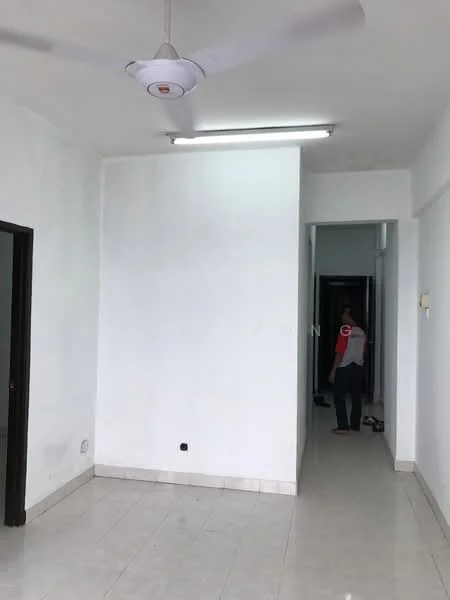 Room features: white painted walls, ceramic tile flooring, ceiling fan, fluorescent ceiling lights, doorway leading to another room, neutral color scheme; style: modern.