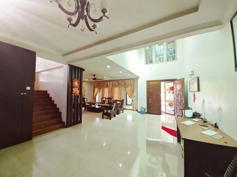 Living features: white painted walls, polished marble flooring, 5-blade ceiling fan, chandelier with crystals, large windows with sheer curtains, dining table with chairs, sofa set, decorative wall art, wooden door, staircase with wooden steps; style: modern. Room features: white painted walls, polished marble flooring, wooden staircase, decorative elements, natural light from windows.