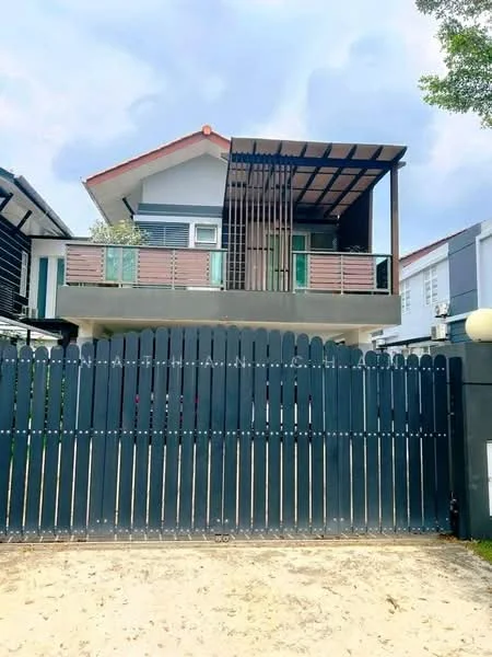 Exterior type: detached bungalow; features: two-storey structure, wooden slatted balcony, grey painted facade, red pitched roof, glass sliding doors, metal railing, manicured garden, gated entrance, black wooden fence, concrete driveway, surrounded by greenery; style: modern.