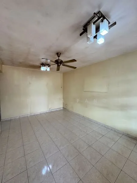 Living features: cream painted walls, glossy ceramic tile flooring, 5-blade ceiling fan, 2 pendant lights, no visible furniture, single window, neutral color scheme, open layout.