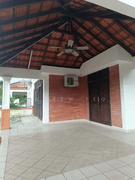 Room features: exposed wooden beams ceiling, 5-blade ceiling fan, wall-mounted split AC, cream tiled flooring, red brick accent wall, white painted walls, large windows, double doors leading outside; style: modern; view: garden.
