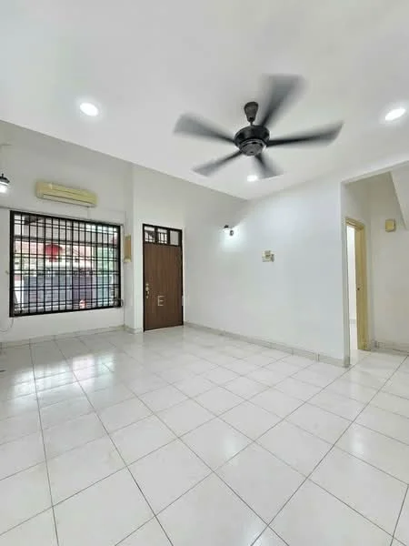 Living features: white painted walls, glossy white tile flooring, 5-blade ceiling fan with light, wall-mounted air conditioning unit, large window with security grille, main entrance door with wood finish, recessed downlights, neutral decor, open layout; style: modern.