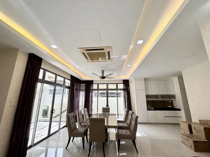 Dining features: rectangular dining table, upholstered dining chairs, 5-blade ceiling fan with integrated LED light, recessed downlights, wall-mounted split AC, floor-to-ceiling windows, sliding glass door, cream painted walls, white tiled flooring, dark cabinetry in kitchen area, open layout to kitchen, curtains, decorative ceiling with LED strip lighting; style: modern.
