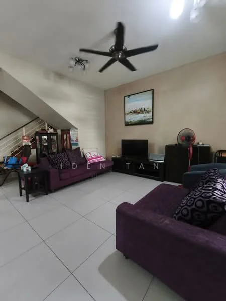 Living features: 2 purple fabric sofas, black coffee table, wall-mounted TV, TV console, ceiling fan, recessed downlights, decorative painting on wall, white tiled flooring, staircase in background, floor fan, wooden cabinet; style: modern.