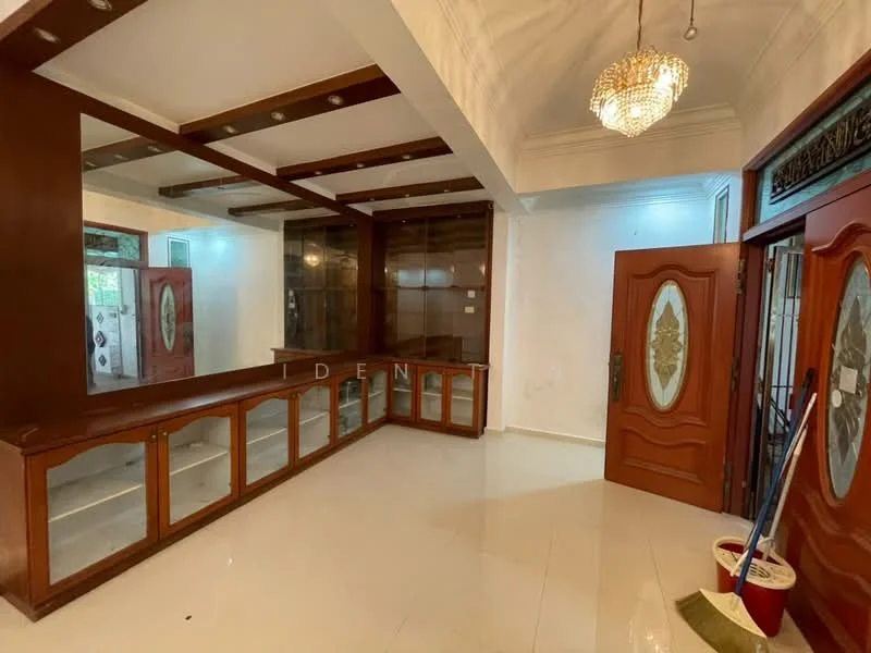 Room features: white painted walls, glossy tile flooring, chandelier, wooden paneling, built-in display shelves, double wooden doors with glass inserts, recessed lighting, open layout, clean lines, high ceiling; style: modern.