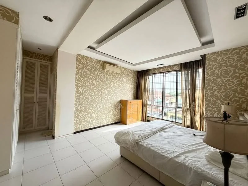 Bedroom features: queen-size bed, white bedding, decorative lamp on bedside table, floor-to-ceiling windows, sheer curtains, wall-mounted air conditioning unit, cream wallpaper with floral pattern, white tiled flooring, built-in wardrobe with louvered doors, wooden dresser, recessed ceiling with lighting; style: modern; view: city.