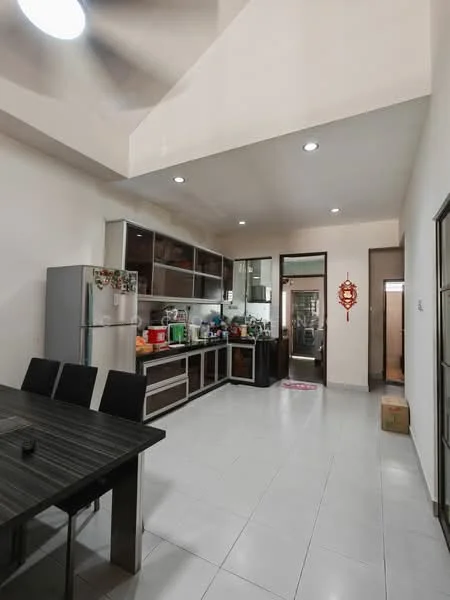 Kitchen features: white painted walls, glossy white tile flooring, ceiling with recessed downlights, stainless-steel fridge, built-in cabinetry with glass doors, kitchen countertop, sink, kitchen island, dining table, open layout, door leading to utility area, decorative wall hanging; style: modern.
