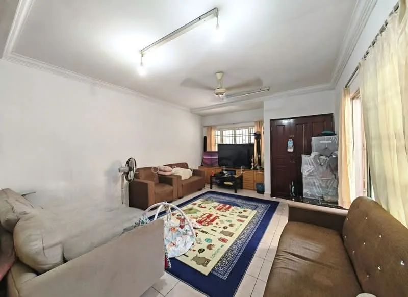Living features: white painted walls, tile flooring, 5-blade ceiling fan with light, sofa in beige, 2-seater fabric sofa, coffee table, TV console, wall-mounted TV, area rug with geometric pattern, curtains, window with natural light, decorative items on TV console; style: modern.