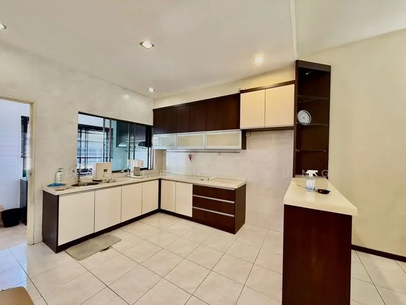Kitchen features: white cabinetry with flat-panel doors, brown lower cabinetry, granite countertop, double-bowl stainless-steel sink, chrome pull-down faucet, built-in oven, ceramic tile flooring, recessed downlights, wall-mounted clock, open shelving, window with view to outside; style: modern.