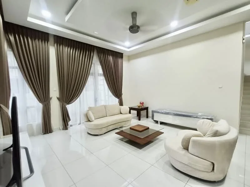 Living features: 2-seater fabric sofa in cream, 1-seater fabric armchair in cream, wooden coffee table, floor-to-ceiling windows, sheer curtains, dark brown curtains, white painted walls, glossy white tile flooring, ceiling fan with light, recessed downlights; style: modern.