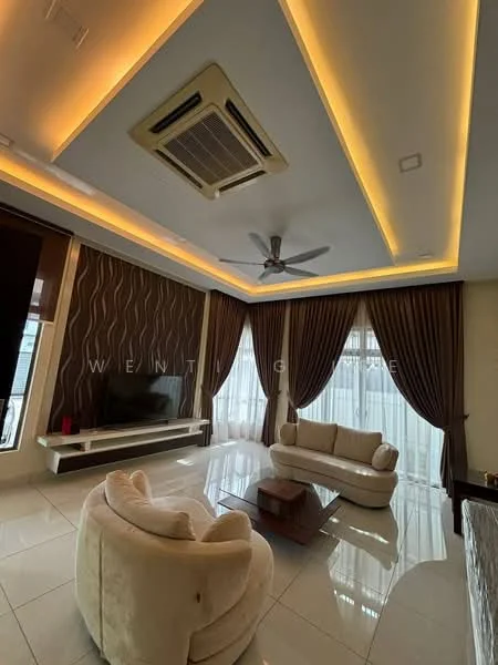 Living features: 5-blade ceiling fan with light, recessed LED downlights, sofa in cream fabric, coffee table, TV console, wall-mounted TV, floor-to-ceiling windows, sheer curtains, dark wood accent wall, glossy tile flooring, crown moulding, decorative wall paneling; style: modern; view: city.