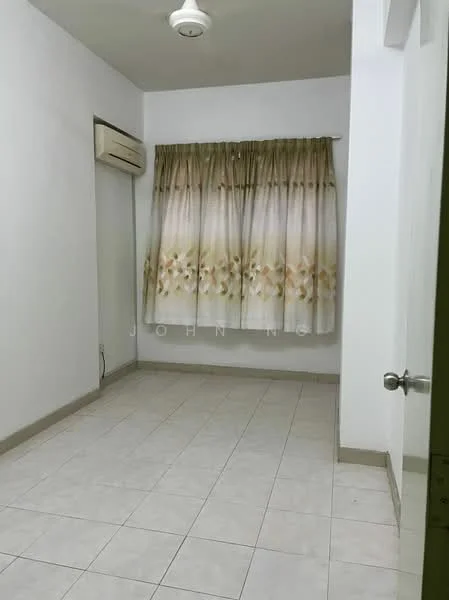 Room features: white painted walls, cream tiled flooring, curtains with floral pattern, 1 wall-mounted split AC, ceiling fan, light switch, door handle, window with view to outside.