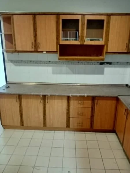 Kitchen features: wood cabinetry with a light finish, granite countertop, stainless-steel sink, single-bowl sink, chrome faucet, white tiled backsplash, built-in upper cabinets with glass doors, lower cabinets with wooden doors, tile flooring in cream color, counter space on both sides, no visible appliances; style: modern.