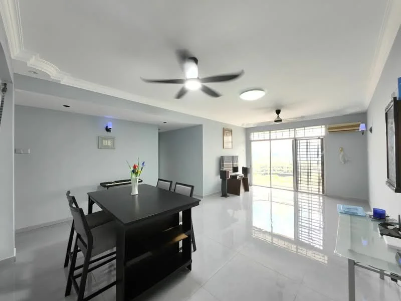 Living features: grey painted walls, polished ceramic tile flooring, 5-blade ceiling fan with light, recessed downlights, floor-to-ceiling windows, sliding glass door, dining table with black finish, black dining chairs, wall-mounted TV, air conditioning unit, decorative wall art, decorative vase with flowers; style: modern; view: city.