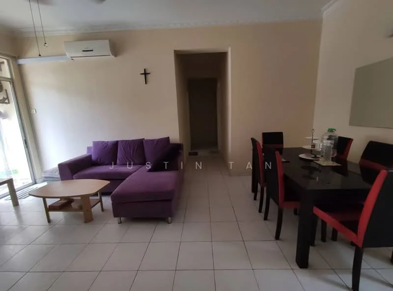 Living features: purple L-shape sectional sofa, coffee table, dining table for 6 with black chairs, wall-mounted split AC, tile flooring, cream painted walls, cross on wall, large sliding glass door, natural light from window; style: modern.